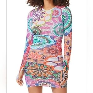 AFRM Mirza Mini Dress Mandala Mesh Ruched Long Sleeve Thumbhole Multi-color XS